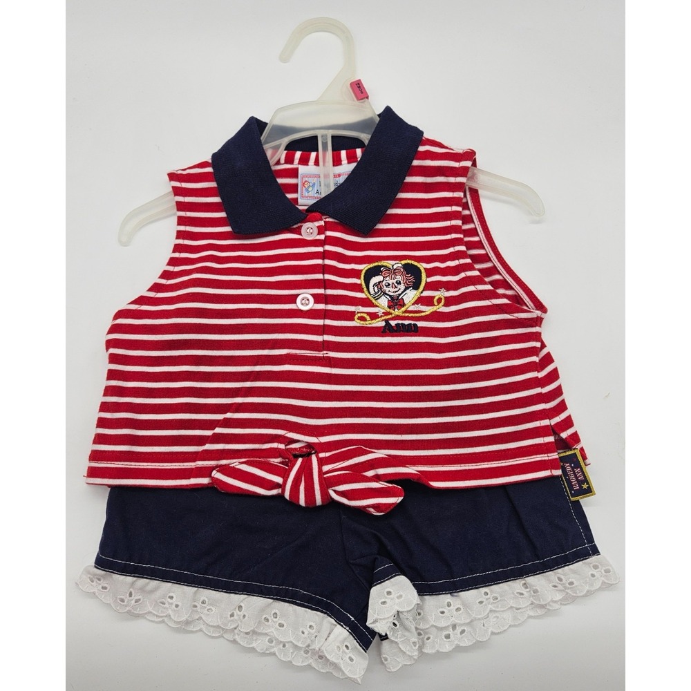 VTG Raggedy Ann & Andy Girls Red White Striped Polo Top Navy Eyelet Shorts Set